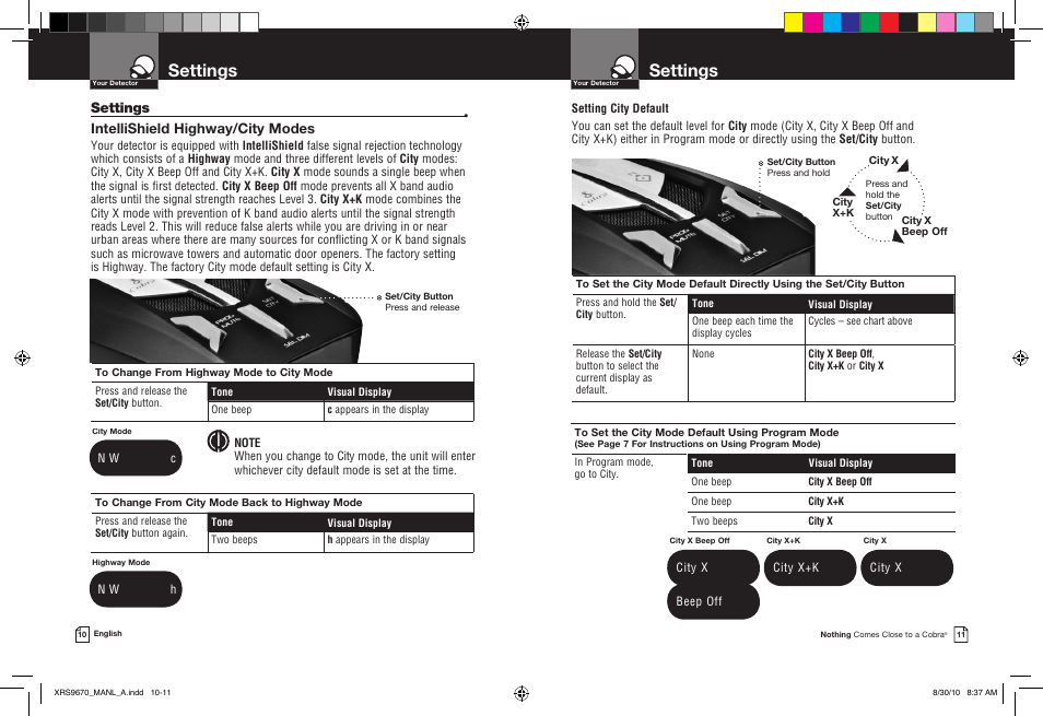 Settings, Intellishield highway/city modes | Cobra Electronics BAND XRS 9670 User Manual | Page 8 / 21