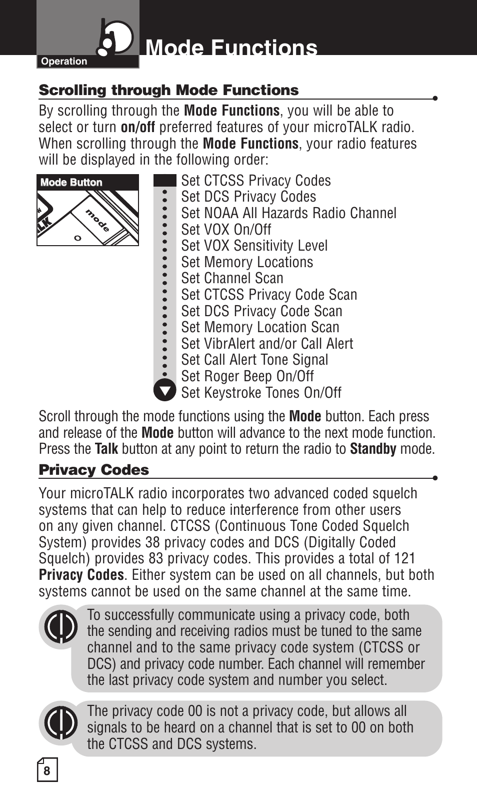 Mode functions | Cobra Electronics LI 6500WXC User Manual | Page 12 / 34