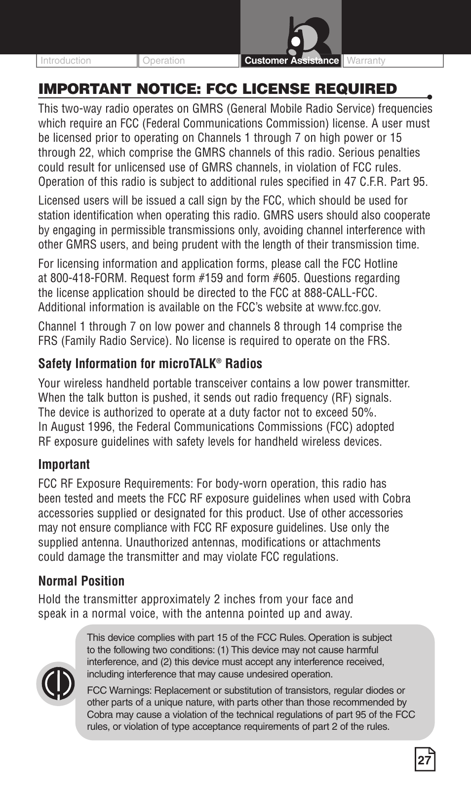 Important notice: fcc license required, Safety information for microtalk, Radios | Important, Normal position | Cobra Electronics LI 6500WXC User Manual | Page 31 / 34