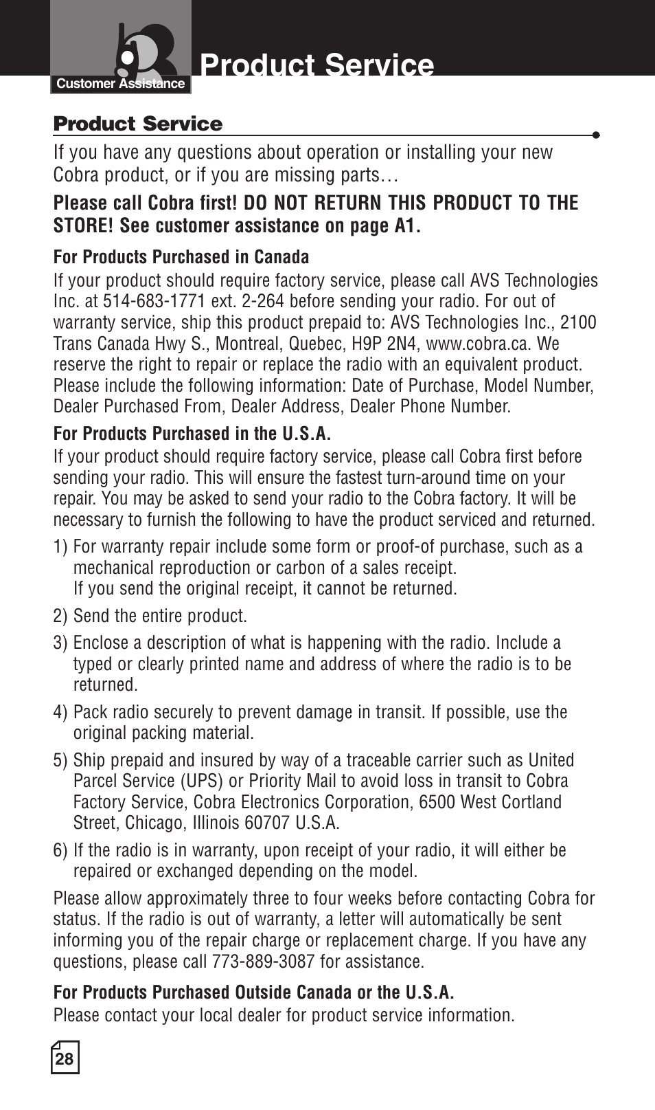 Product service | Cobra Electronics LI 6500WXC User Manual | Page 32 / 34