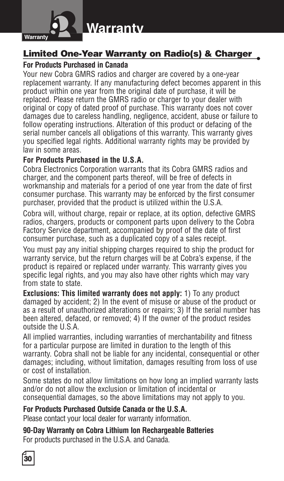 Warranty, Limited one-year warranty on radio(s) & charger | Cobra Electronics LI 6500WXC User Manual | Page 34 / 34