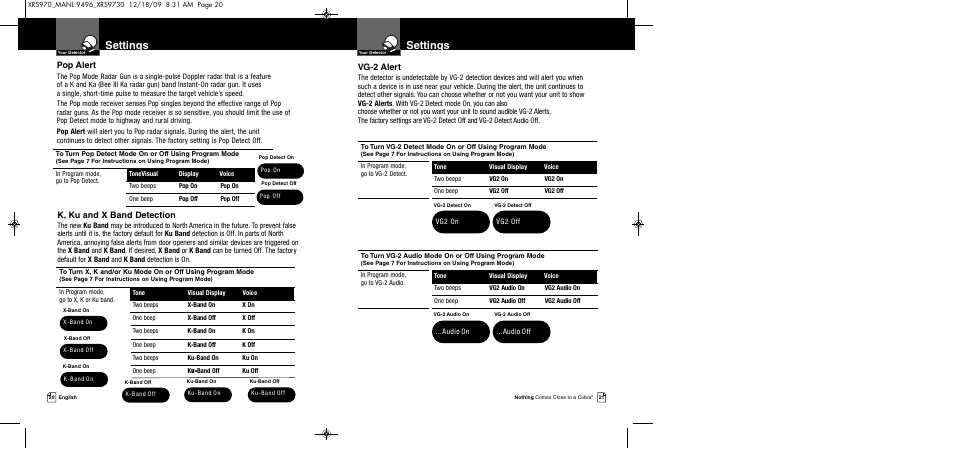 Settings, Vg-2 alert, Pop alert | K, ku and x band detection | Cobra Electronics XRS 970 User Manual | Page 13 / 21