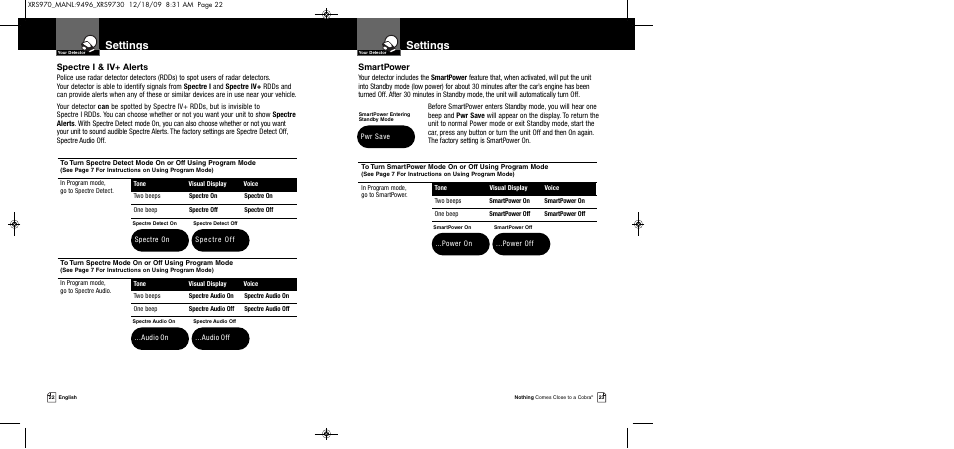 Settings, Smartpower, Spectre i & iv+ alerts | Cobra Electronics XRS 970 User Manual | Page 14 / 21