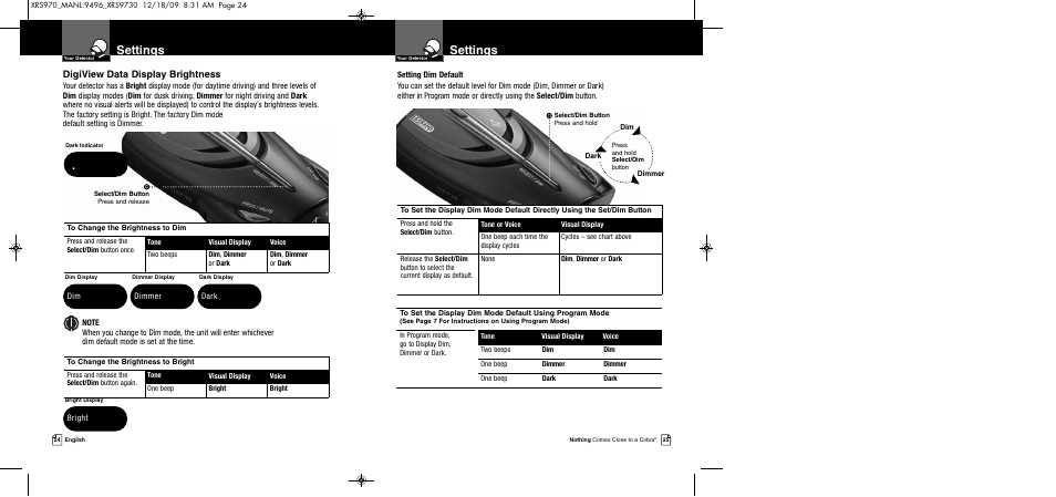 Settings, Digiview data display brightness | Cobra Electronics XRS 970 User Manual | Page 15 / 21