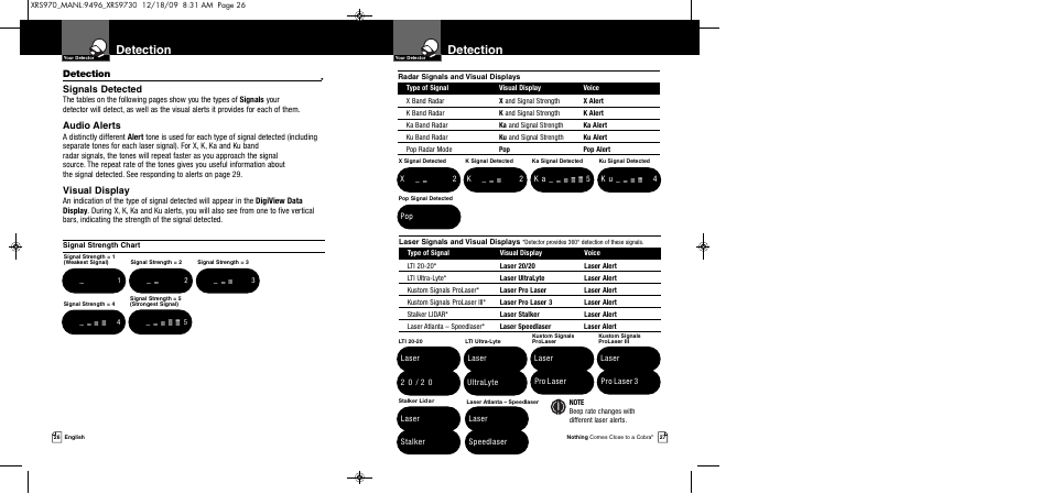 Detection, Signals detected, Audio alerts | Visual display | Cobra Electronics XRS 970 User Manual | Page 16 / 21