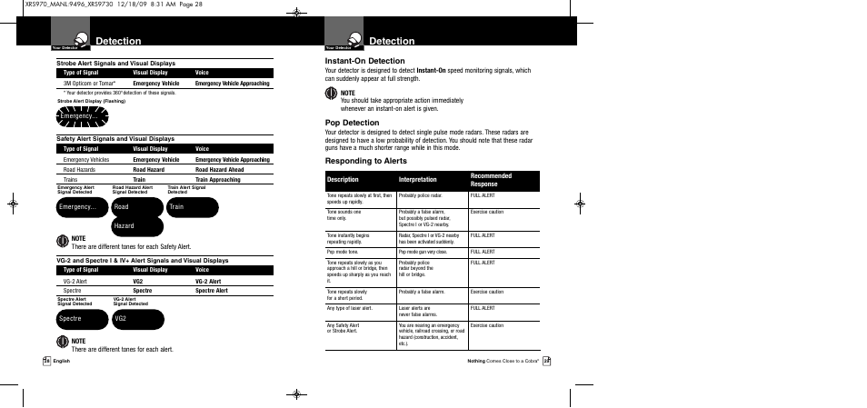 Detection, Instant-on detection, Pop detection | Responding to alerts, Description interpretation recommended response, Emergency, Spectre, Road hazard, Train emergency | Cobra Electronics XRS 970 User Manual | Page 17 / 21