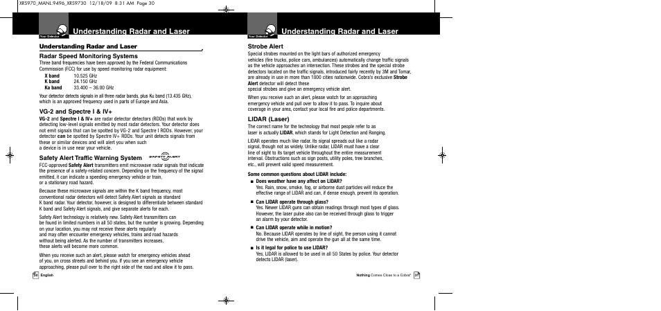 Understanding radar and laser, Strobe alert, Lidar (laser) | Radar speed monitoring systems, Vg-2 and spectre i & iv, Safety alert traffic warning system | Cobra Electronics XRS 970 User Manual | Page 18 / 21