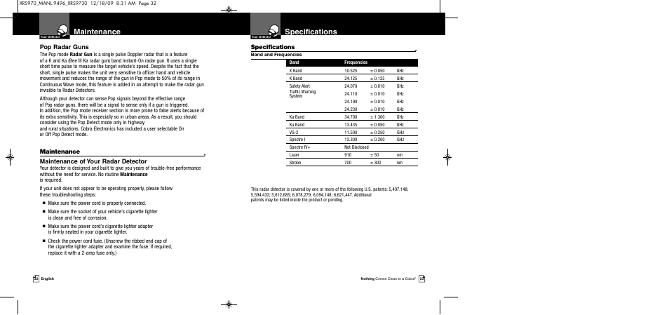 Specifications, Maintenance, Pop radar guns | Maintenance of your radar detector | Cobra Electronics XRS 970 User Manual | Page 19 / 21