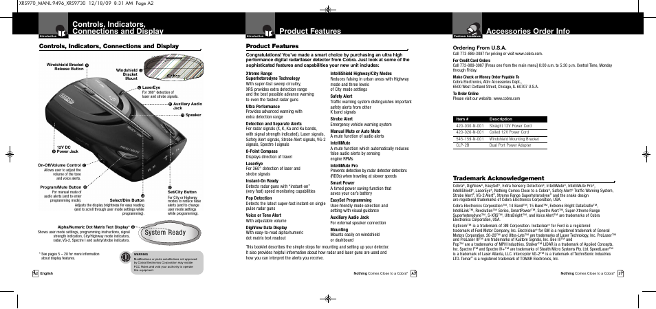 Accessories order info, Product features, Controls, indicators, connections and display | System ready, Trademark acknowledgement, Ordering from u.s.a | Cobra Electronics XRS 970 User Manual | Page 2 / 21