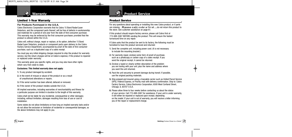 Product service, Warranty, Limited 1-year warranty | Cobra Electronics XRS 970 User Manual | Page 20 / 21