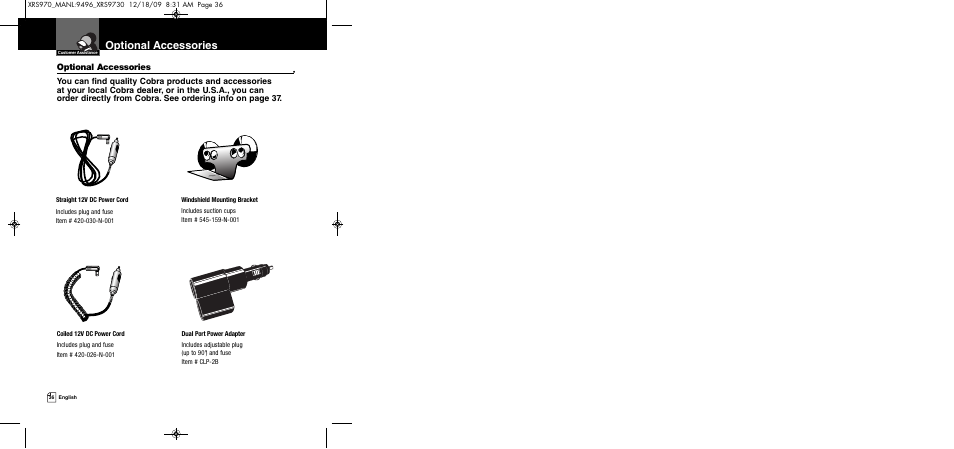 Optional accessories | Cobra Electronics XRS 970 User Manual | Page 21 / 21