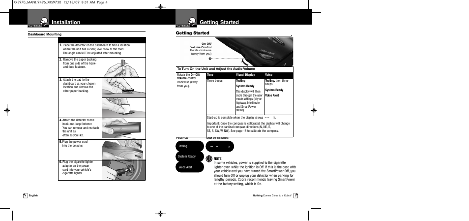 Getting started, Installation | Cobra Electronics XRS 970 User Manual | Page 5 / 21