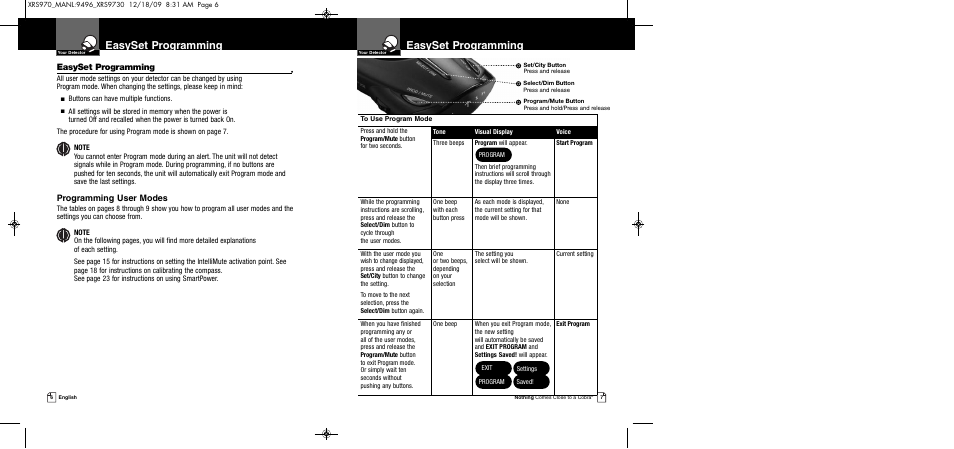 Easyset programming, Programming user modes | Cobra Electronics XRS 970 User Manual | Page 6 / 21