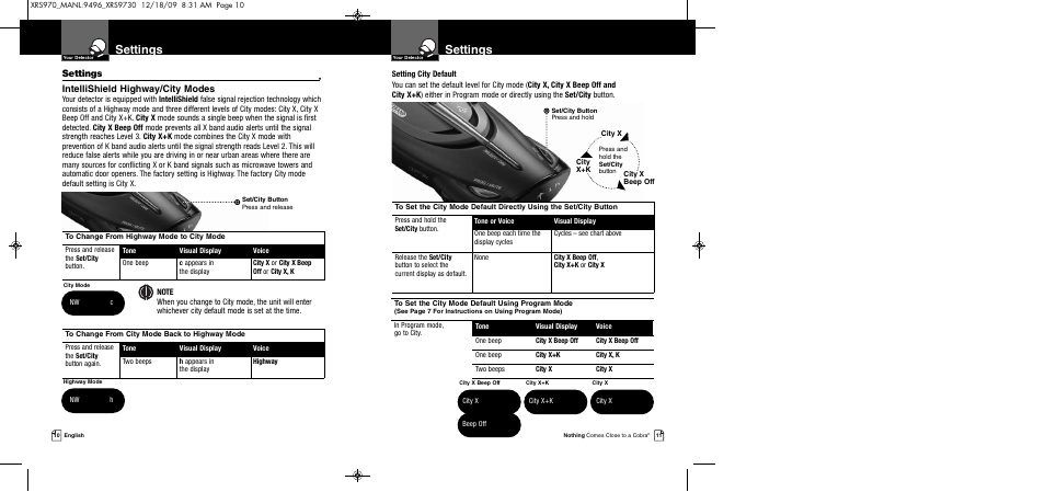 Settings, Intellishield highway/city modes | Cobra Electronics XRS 970 User Manual | Page 8 / 21