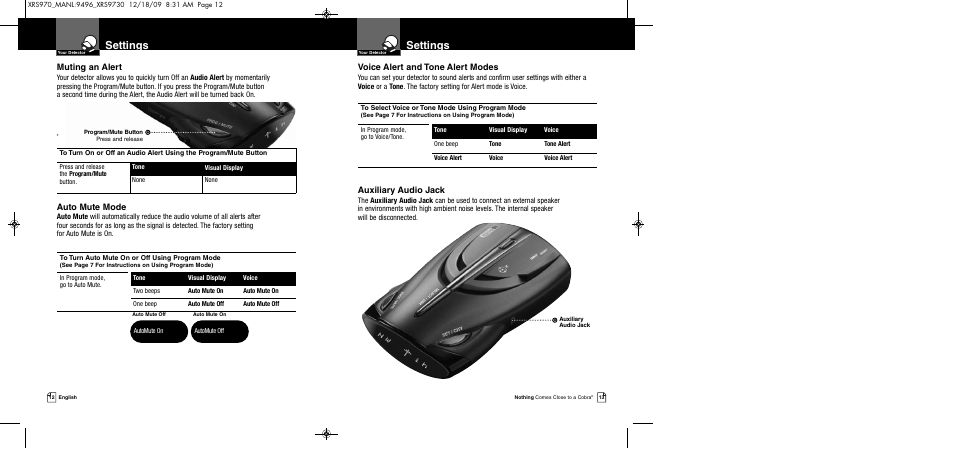 Settings, Auxiliary audio jack, Voice alert and tone alert modes | Muting an alert, Auto mute mode | Cobra Electronics XRS 970 User Manual | Page 9 / 21