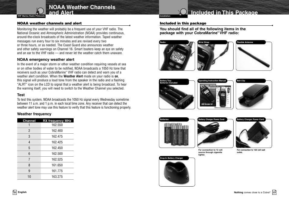 Noaa weather channels and al, Included in this package, Noaa weather channels and alert | Customer assistance, Warranty | Cobra Electronics MR HH300 User Manual | Page 14 / 25