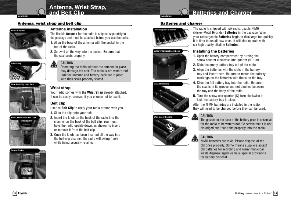 Antenna, wrist strap, and be, Batteries and charger, Antenna, wrist strap, and belt clip | Caution, Warning, Customer assistance, Installing the batteries, Antenna installation, Wrist strap, Belt clip | Cobra Electronics MR HH300 User Manual | Page 15 / 25