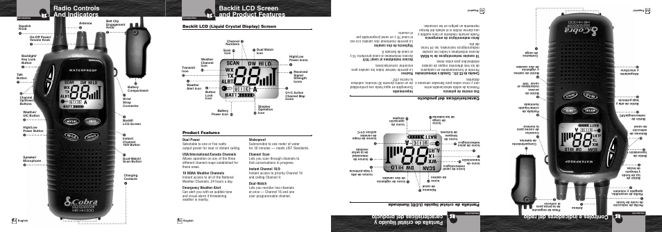 Backlit lcd screen and product features, Radio controls and indicators, Controles e indicadores del radio | Cobra Electronics MR HH300 User Manual | Page 2 / 25