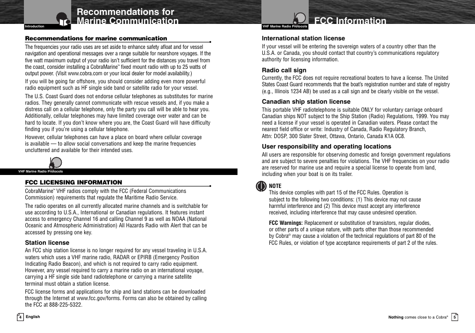Recommendations for marine c, Fcc licensing information, Notice | Caution, Warning, Recommendations for marine communication | Cobra Electronics MR HH300 User Manual | Page 5 / 25