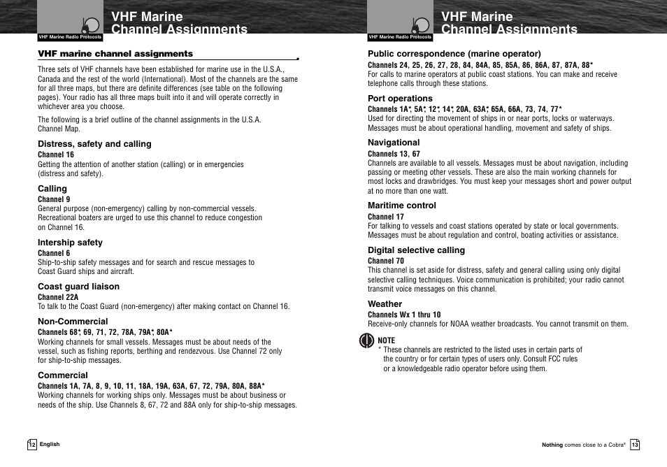 Vhf marine channel assignments | Cobra Electronics MR HH300 User Manual | Page 9 / 25