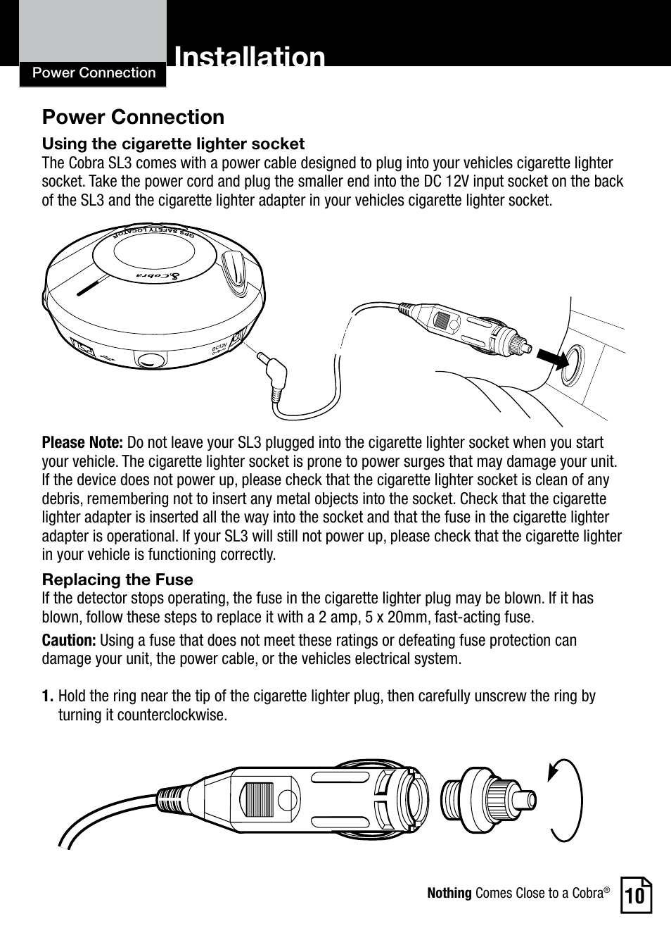 Installation, Power connection | Cobra Electronics AURA SL3 User Manual | Page 11 / 20
