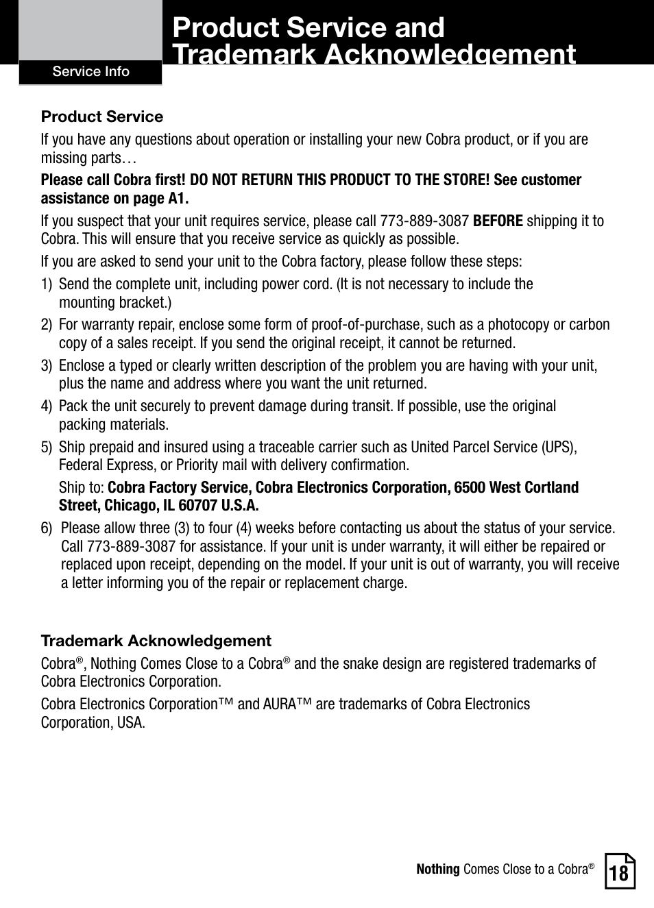 Product service and trademark acknowledgement | Cobra Electronics AURA SL3 User Manual | Page 19 / 20