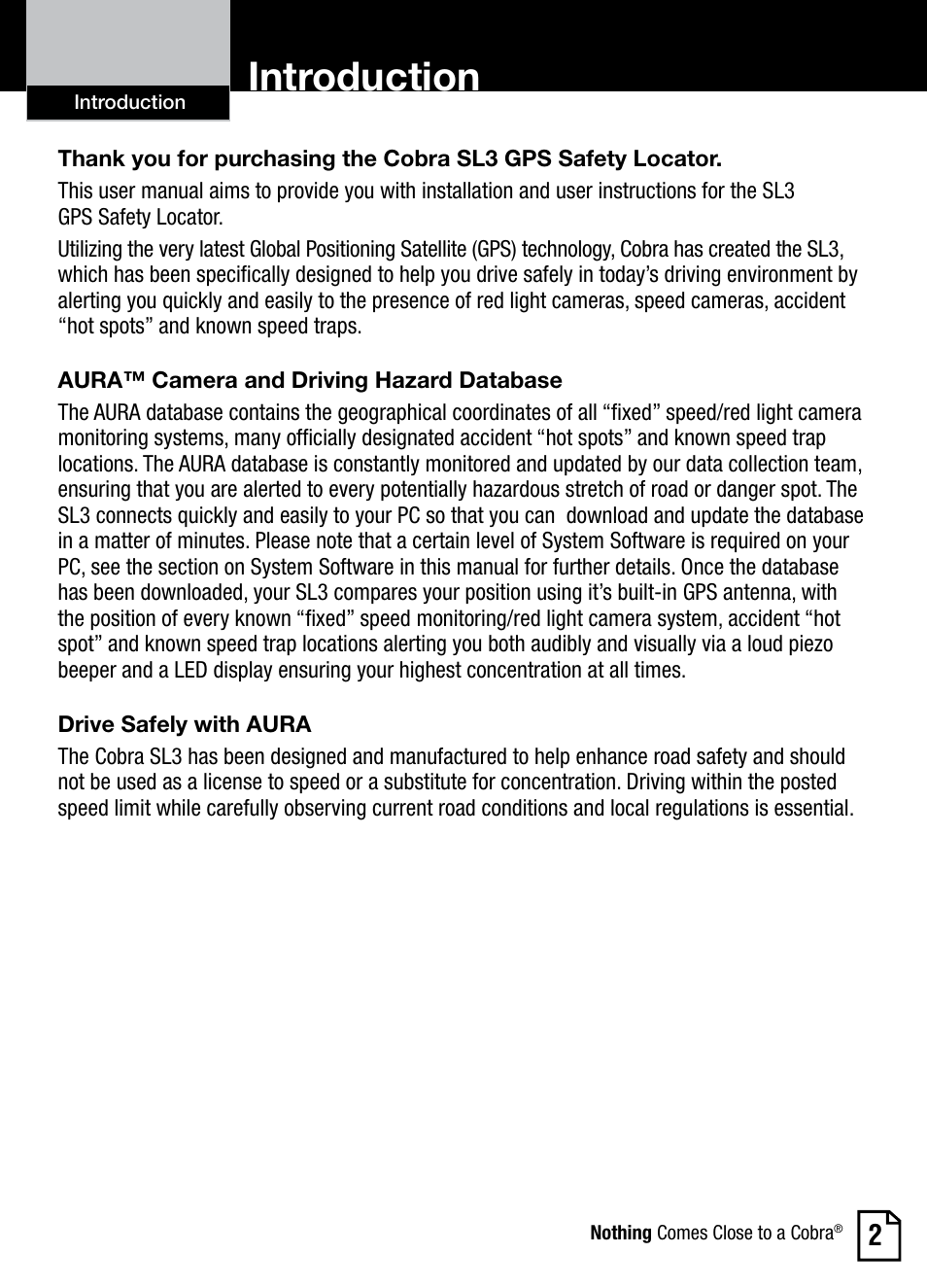 Introduction | Cobra Electronics AURA SL3 User Manual | Page 3 / 20