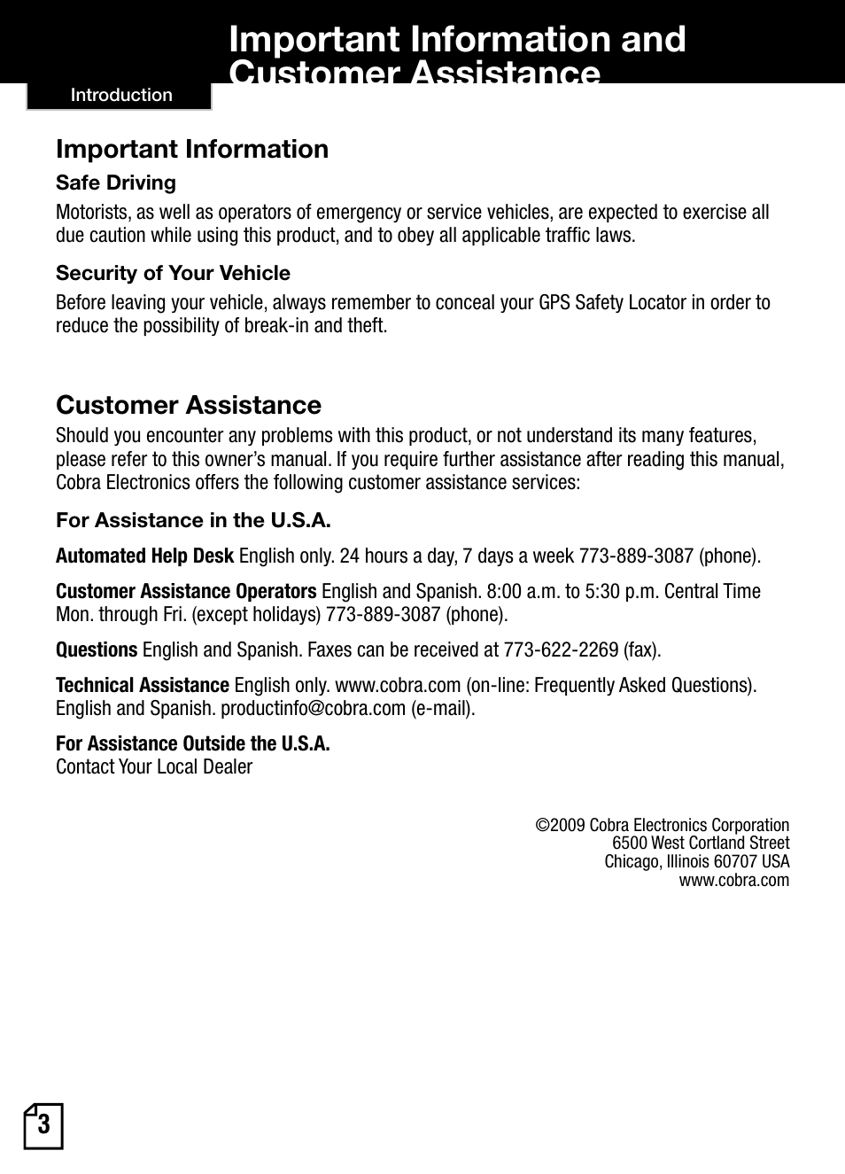 Important information and customer assistance, Important information, Customer assistance | Cobra Electronics AURA SL3 User Manual | Page 4 / 20