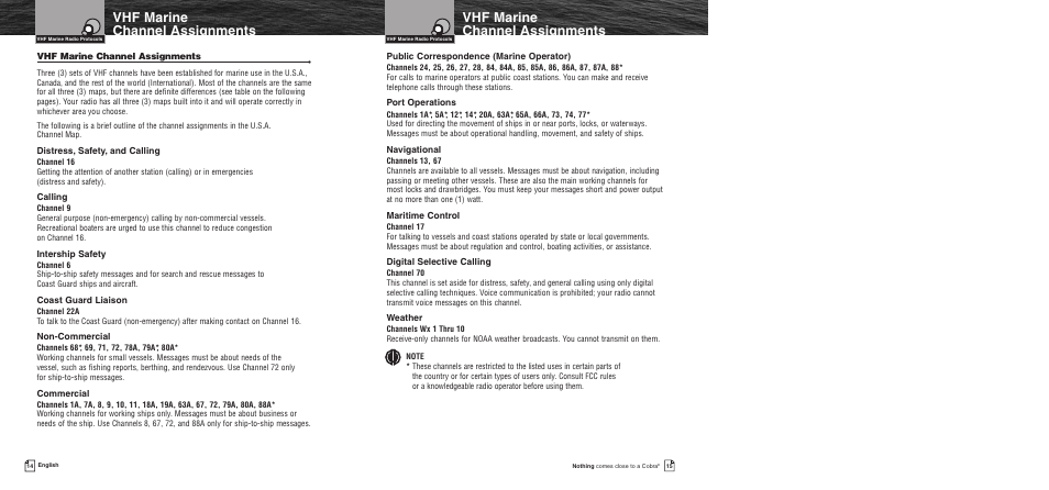 Vhf marine channel assignments | Cobra Electronics MR F55 User Manual | Page 10 / 38