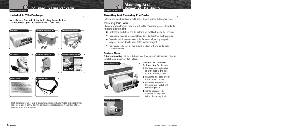 Mounting and powering the radio, Included in this package, Installing your radio | Surface mount, Vhf radio | Cobra Electronics MR F55 User Manual | Page 16 / 38