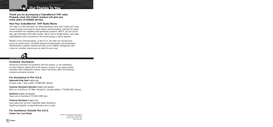 Important safety information, Vhf radio. properly used, this cobra, Vhf radio works | Customer assistance, For assistance in the u.s.a, For assistance outside the u.s.a | Cobra Electronics MR F55 User Manual | Page 2 / 38