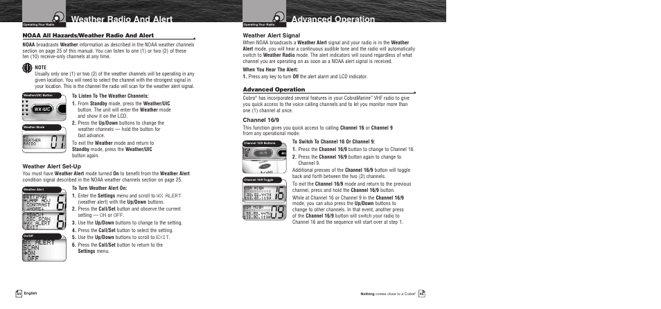 Advanced operation, 44 advanced operation, Weather radio and alert | Cobra Electronics MR F55 User Manual | Page 25 / 38
