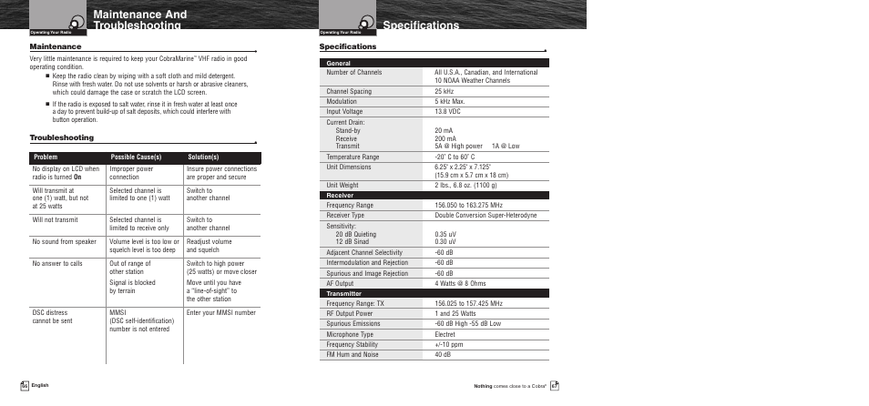 Specifications, Maintenance and troubleshooting | Cobra Electronics MR F55 User Manual | Page 36 / 38