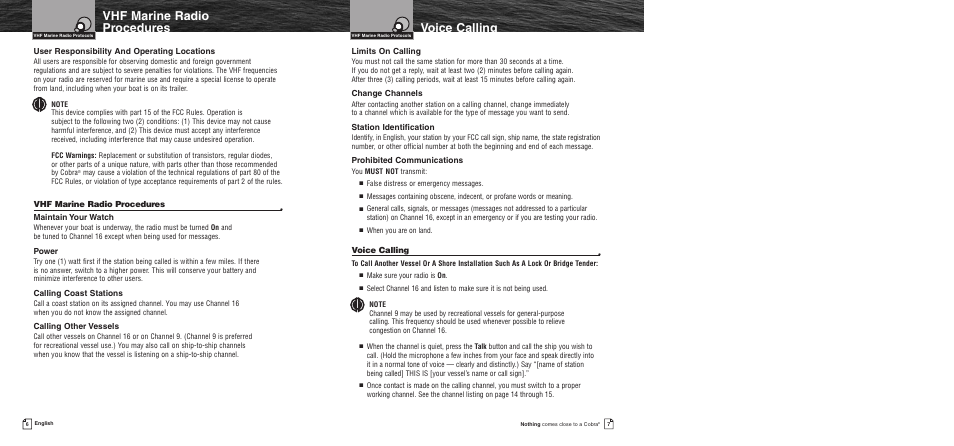 Emergency messages and distr, Emergency messages and distress procedure, Voice calling | Vhf marine radio procedures | Cobra Electronics MR F55 User Manual | Page 6 / 38