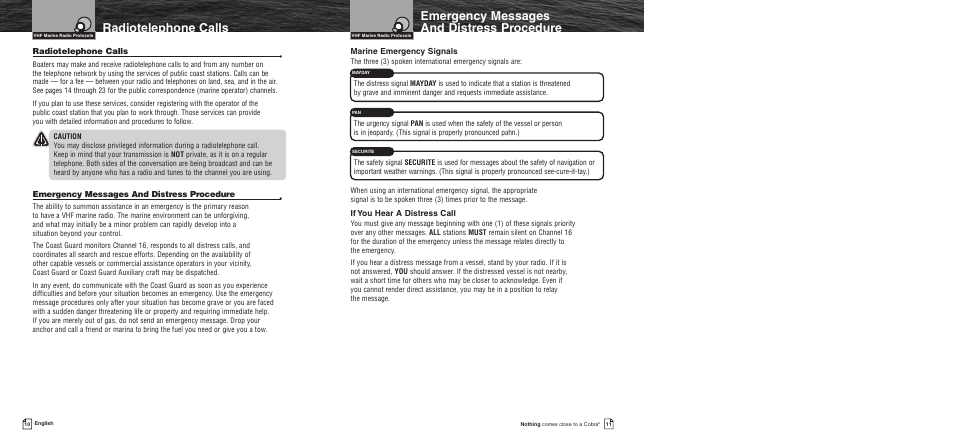 Vhf marine channel assignments, Emergency messages and distress procedure, Radiotelephone calls | Cobra Electronics MR F55 User Manual | Page 8 / 38