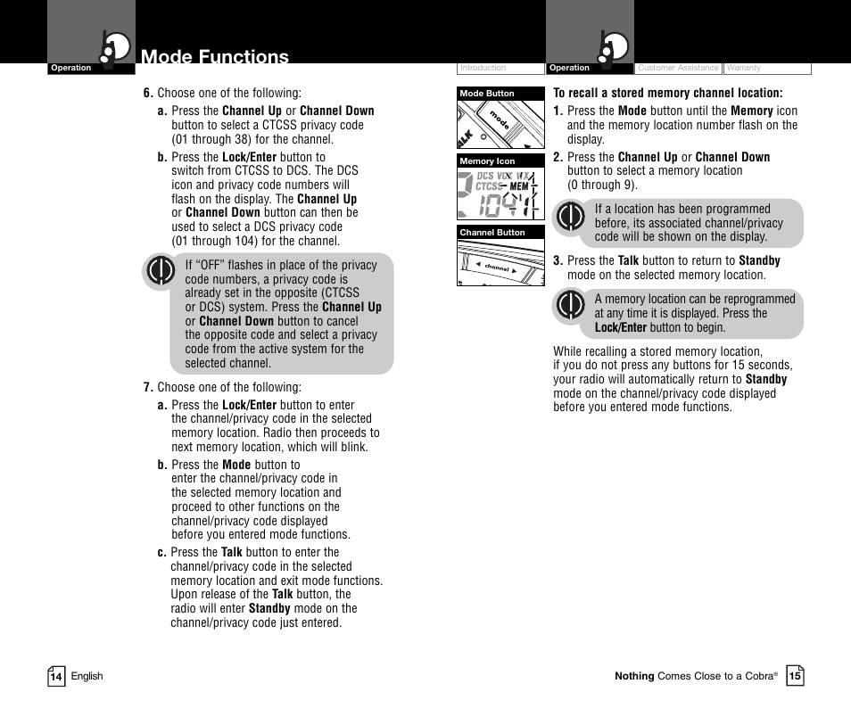 Mode functions | Cobra Electronics COBRA CXR850C User Manual | Page 10 / 18