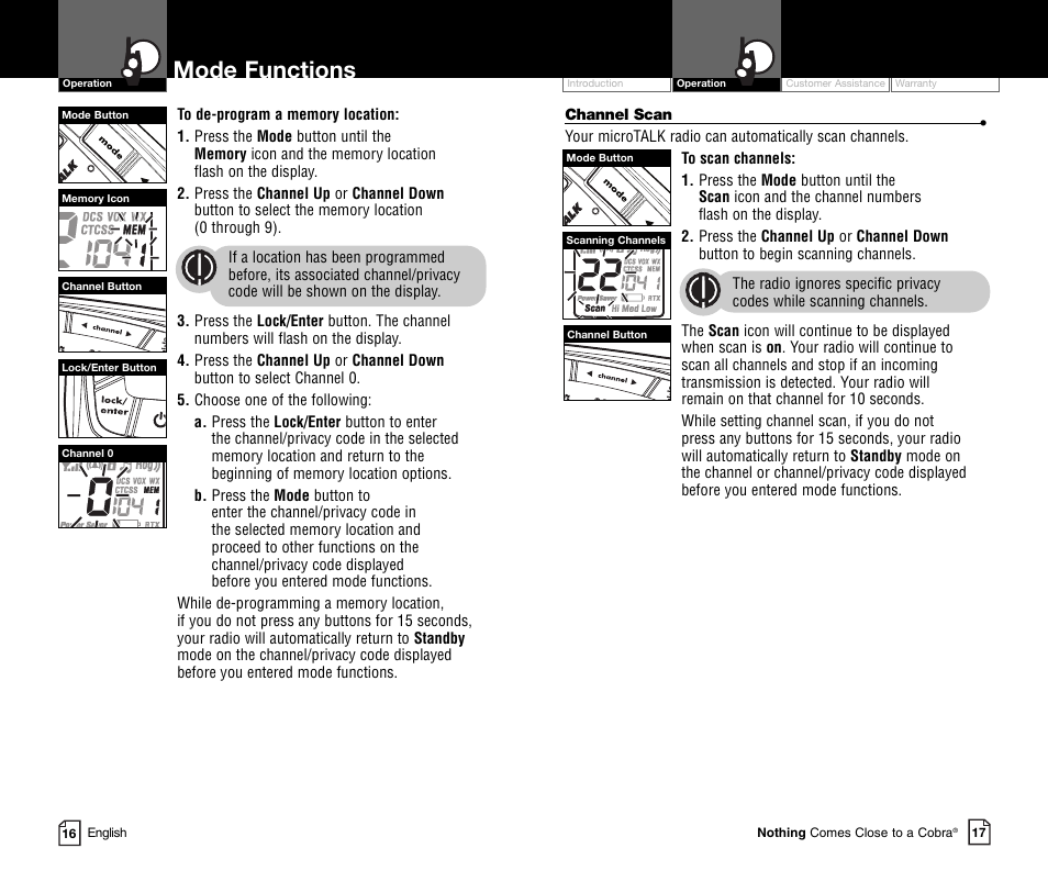 Mode functions | Cobra Electronics COBRA CXR850C User Manual | Page 11 / 18