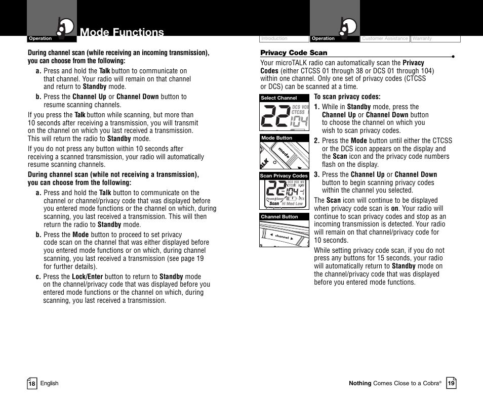 Mode functions | Cobra Electronics COBRA CXR850C User Manual | Page 12 / 18