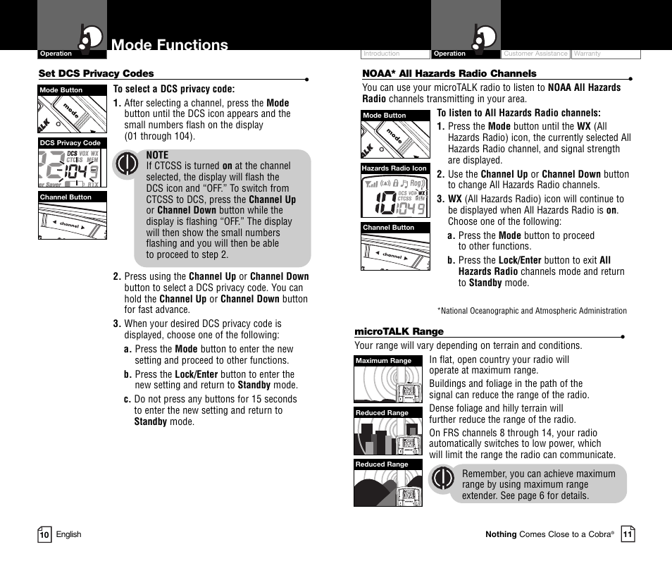 Mode functions | Cobra Electronics COBRA CXR850C User Manual | Page 8 / 18