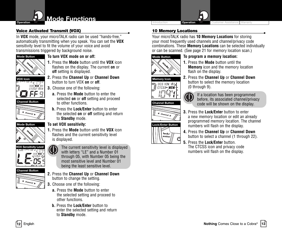 Mode functions | Cobra Electronics COBRA CXR850C User Manual | Page 9 / 18