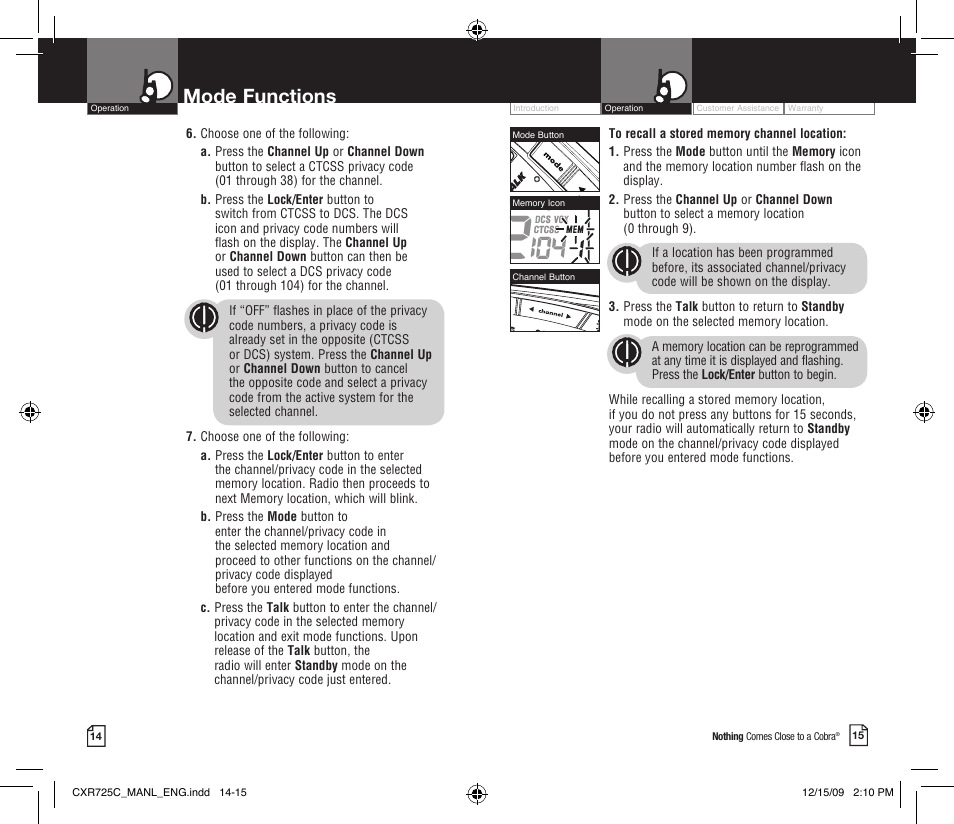 Mode functions | Cobra Electronics MICROTALK CXR725C User Manual | Page 10 / 17