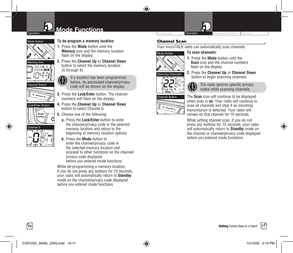 Mode functions | Cobra Electronics MICROTALK CXR725C User Manual | Page 11 / 17
