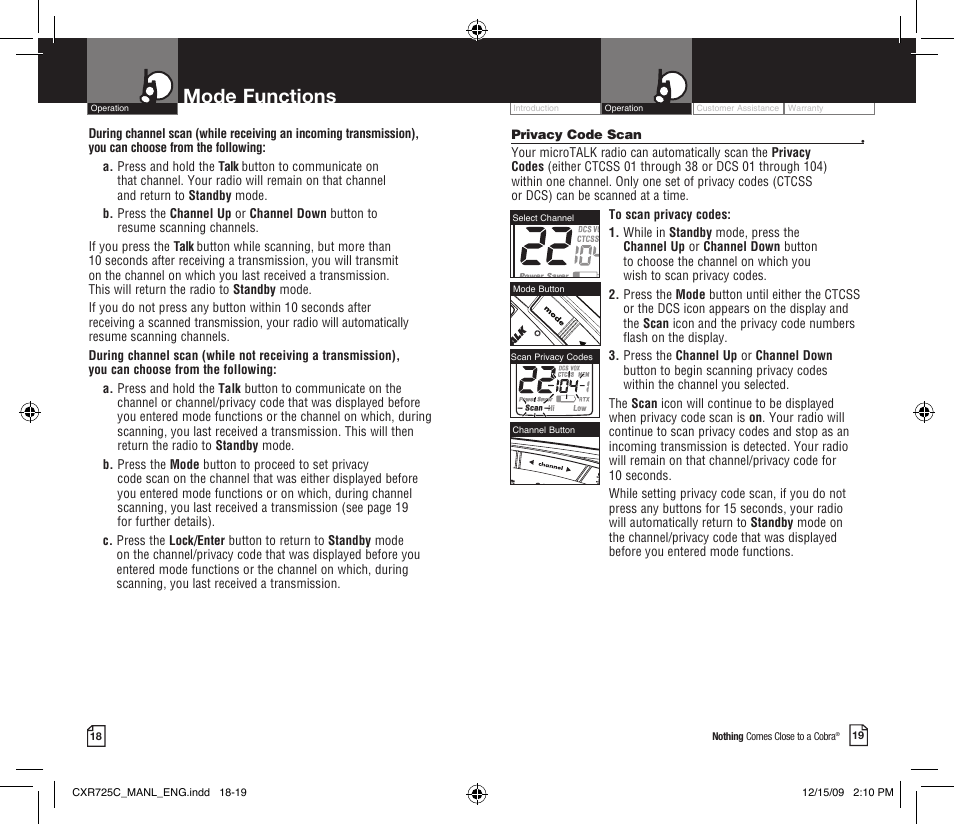 Mode functions | Cobra Electronics MICROTALK CXR725C User Manual | Page 12 / 17