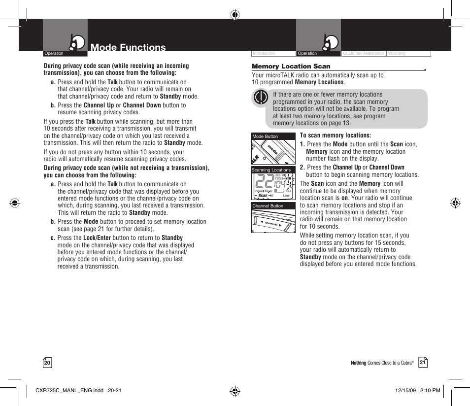 Mode functions | Cobra Electronics MICROTALK CXR725C User Manual | Page 13 / 17