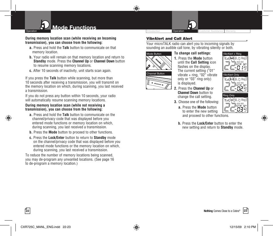 Mode functions | Cobra Electronics MICROTALK CXR725C User Manual | Page 14 / 17