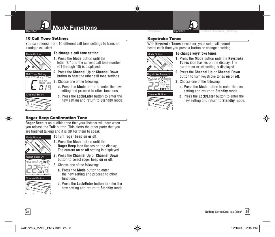 Mode functions | Cobra Electronics MICROTALK CXR725C User Manual | Page 15 / 17