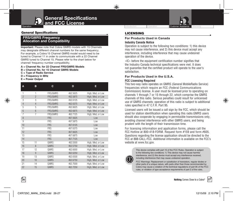 General specifications and fcc license, Frs/gmrs frequency allocation and compatibility | Cobra Electronics MICROTALK CXR725C User Manual | Page 16 / 17