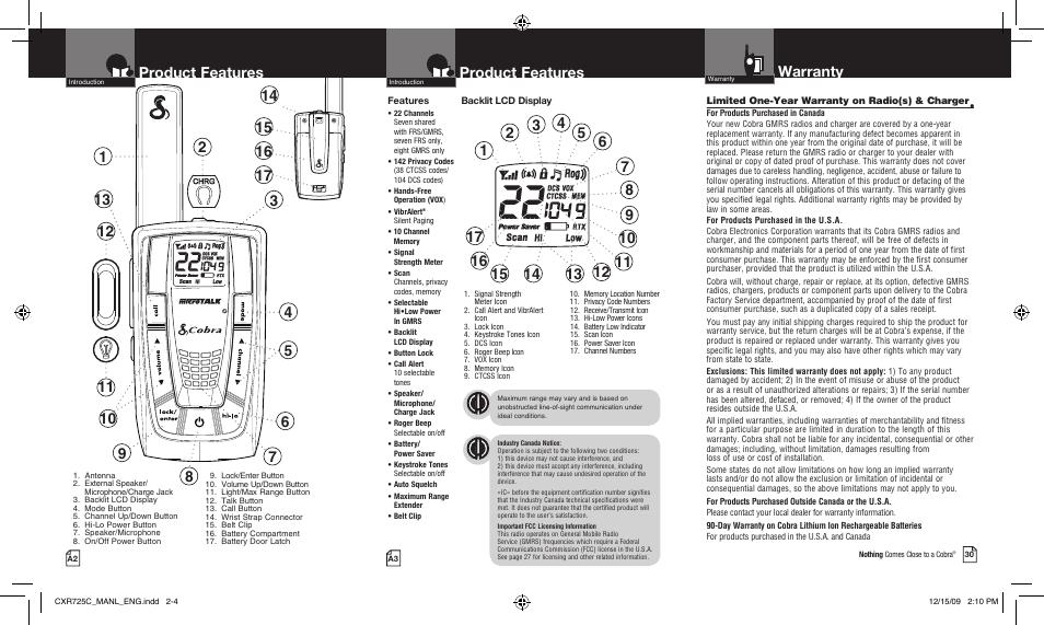 Product features, Warranty | Cobra Electronics MICROTALK CXR725C User Manual | Page 2 / 17