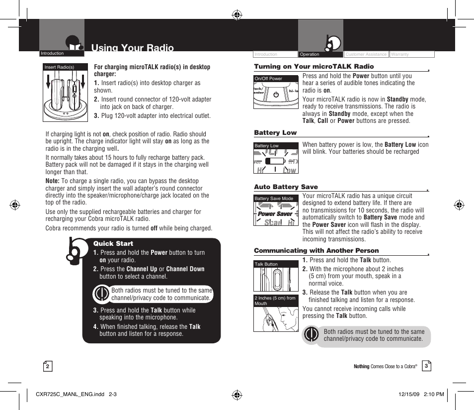 Using your radio | Cobra Electronics MICROTALK CXR725C User Manual | Page 4 / 17