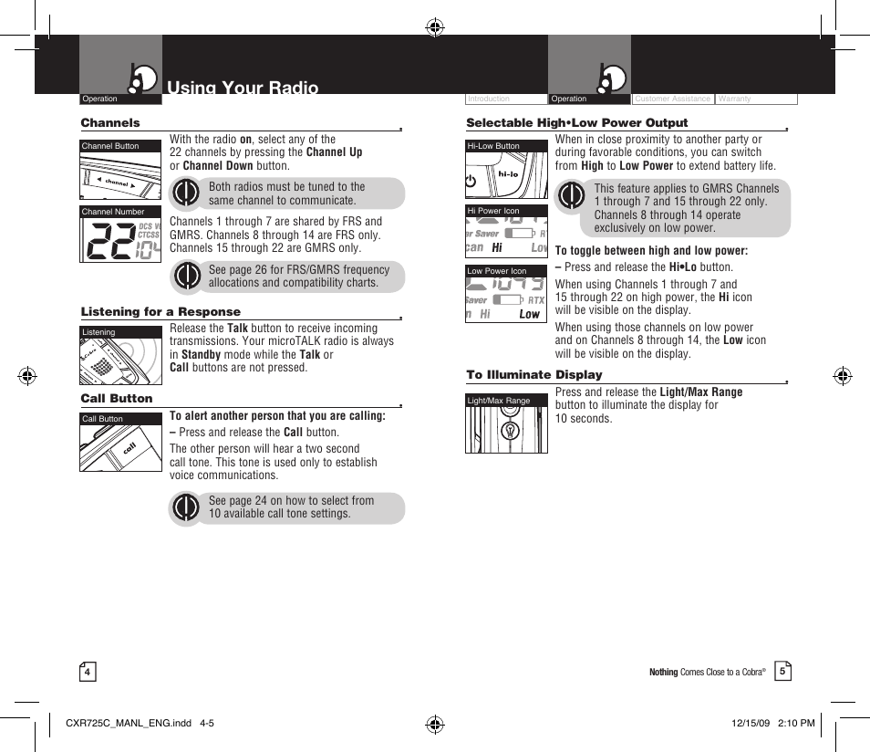 Using your radio | Cobra Electronics MICROTALK CXR725C User Manual | Page 5 / 17